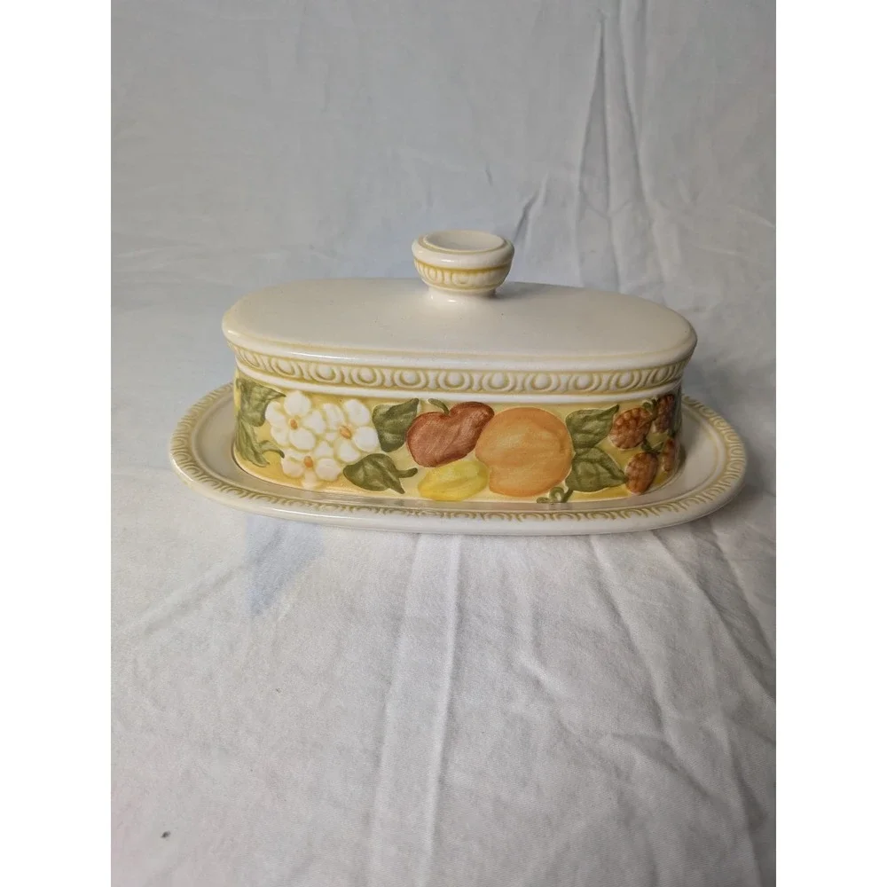 Vintage Vernon WareFruit Pattern Covered Butter Dish with Tray Cream Ceramic Ova